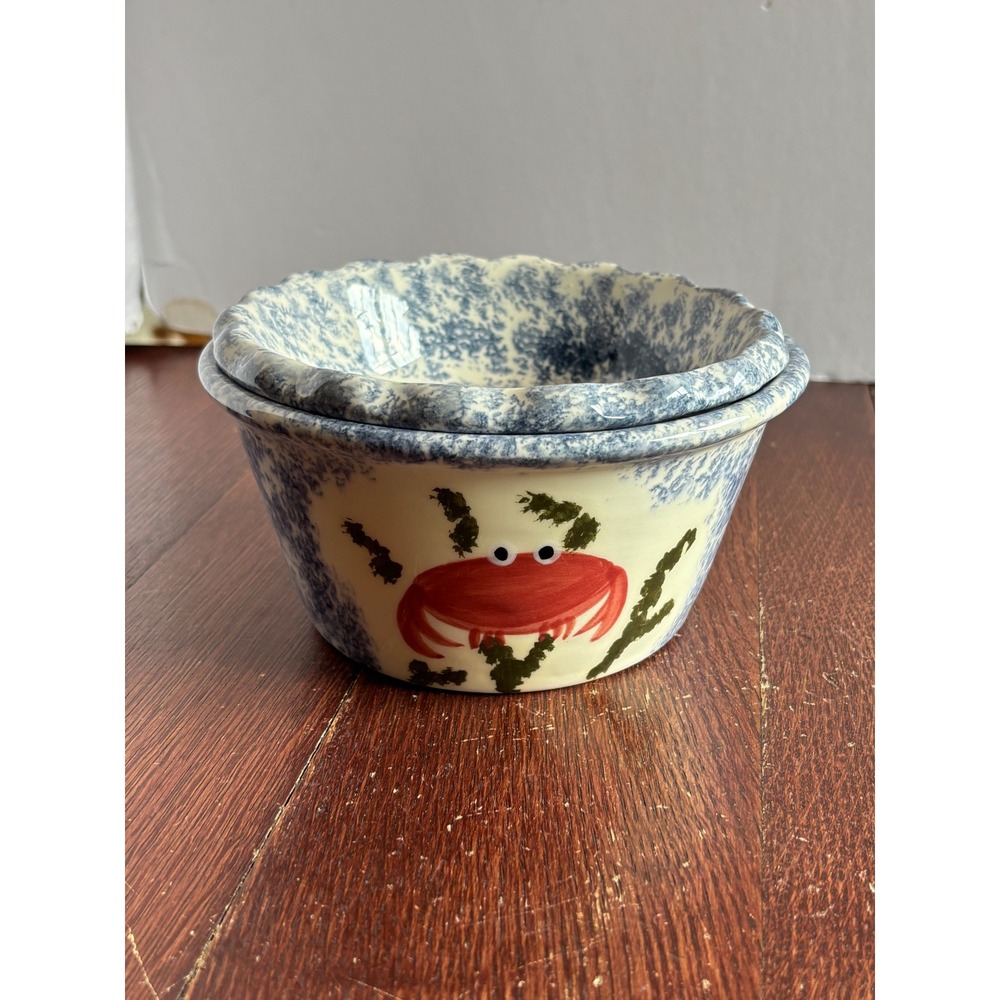 Ceramic Crab Chilled Dip Bowl Set Blue Spongeware 2 Piece Iced Server Coastal